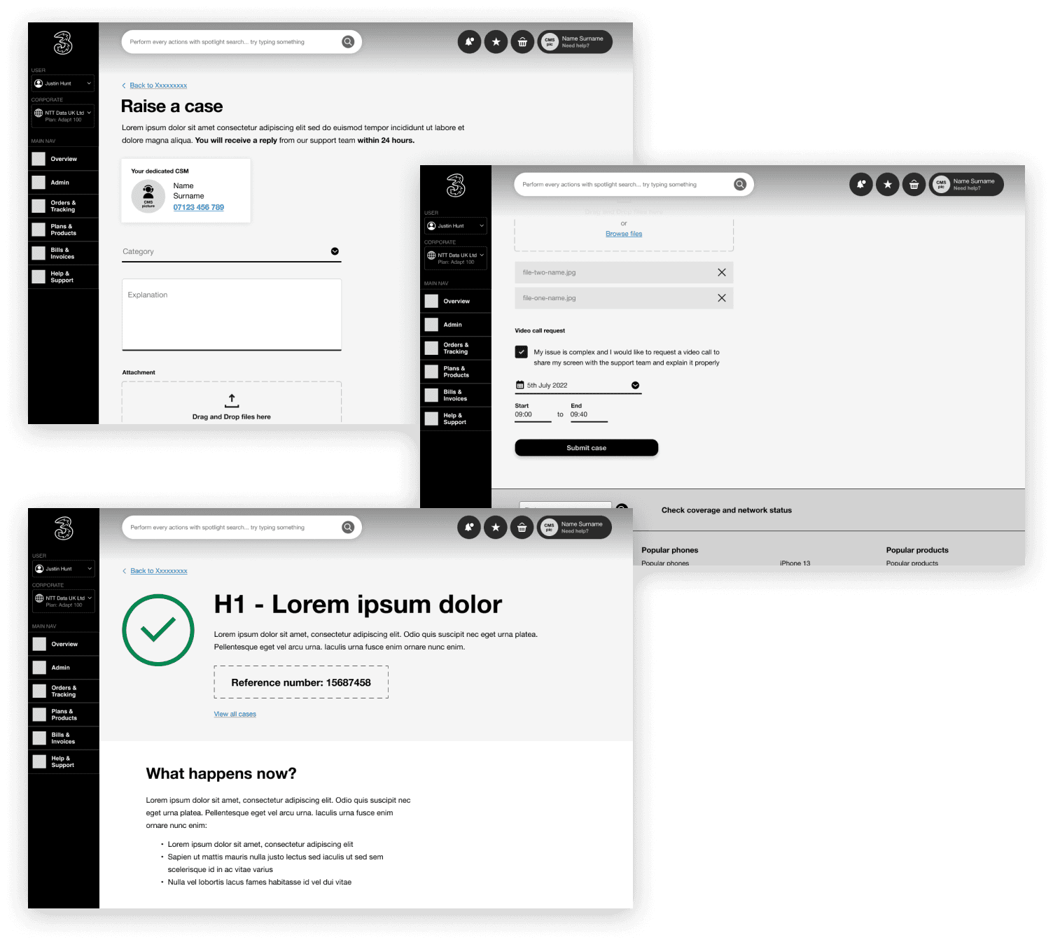 Wireframe for the journey Raise a case