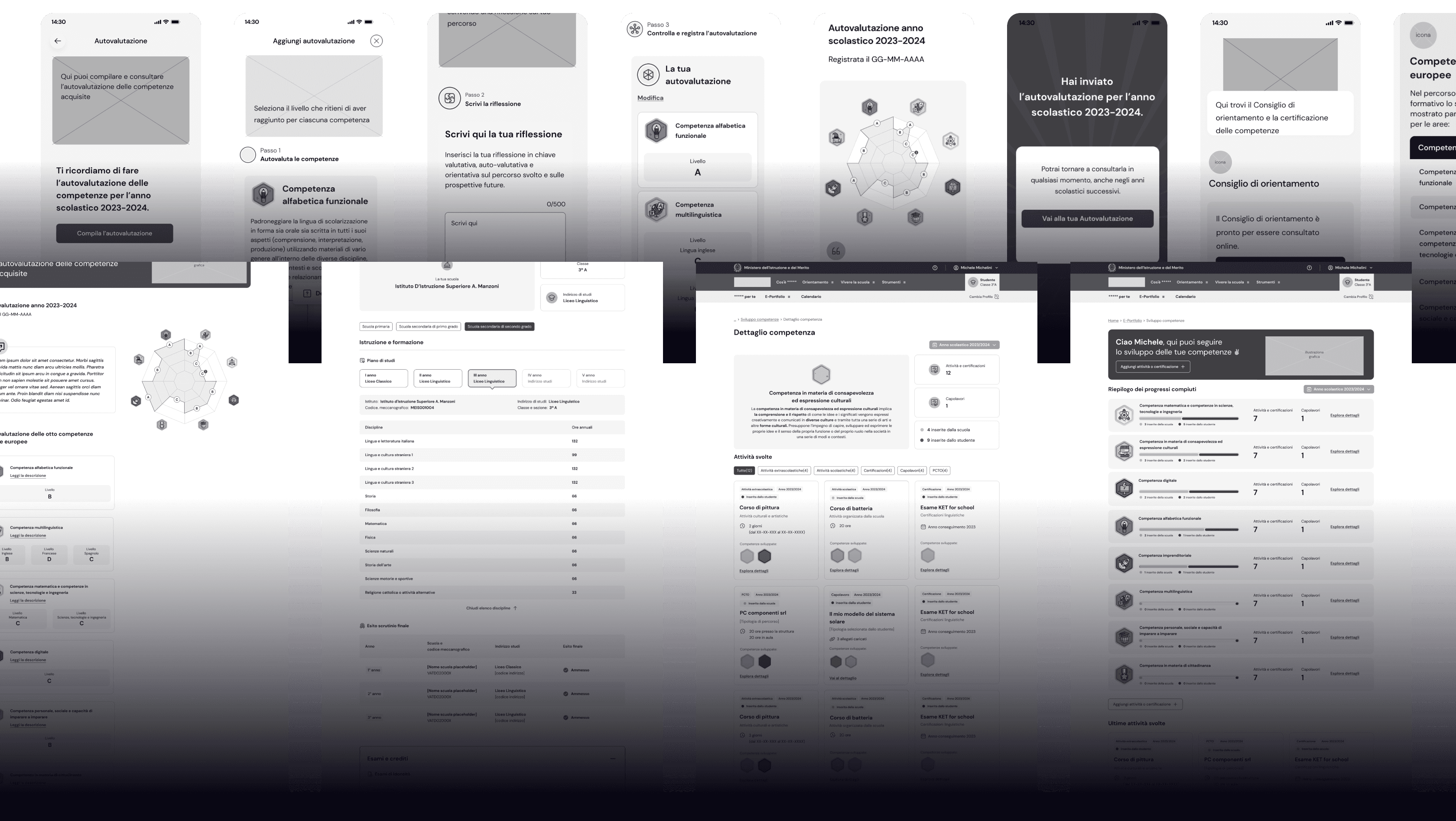 Mix of E-Portfolio wireframes for desktop and mobile devices